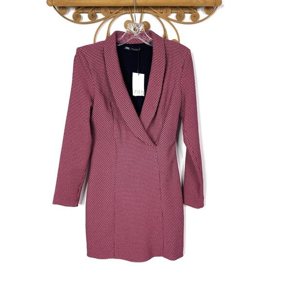 NEW ZARA HOUNDSTOOTH BLAZER DRESS Neon Pink L - Picture 2 of 10